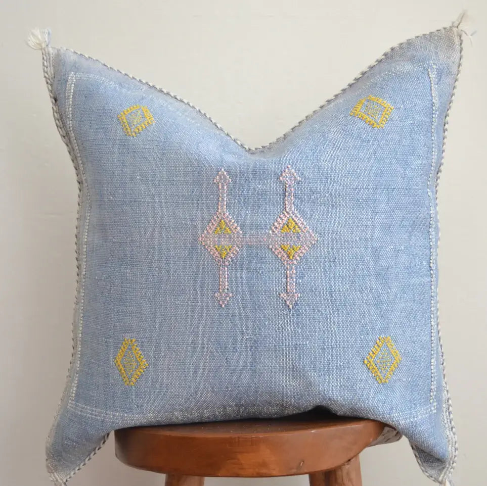 Handmade Vintage Berber Cactus Silk Cushion Cover - Sky Blue