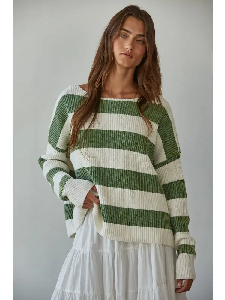 Ivy Striped Cotton Boat Neck Sweater - Green/Cream