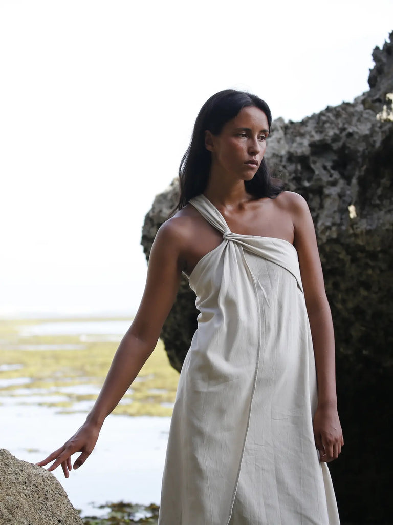 Pia Minimal One Shoulder Dress - Oatmeal | 100% Turkish Cotton