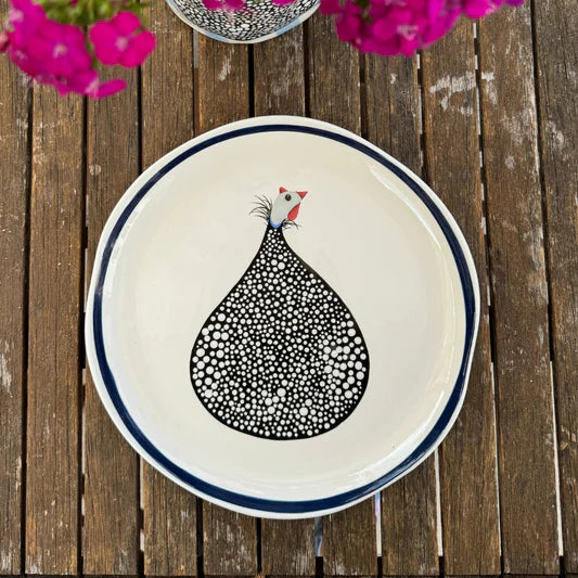 Guinea Fowl Navy Rim Dinner Plates - 4 pack