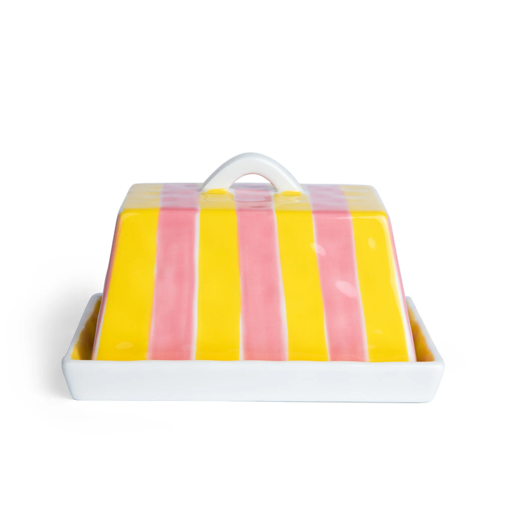 Pink and Yellow Stripe Butter Dish
