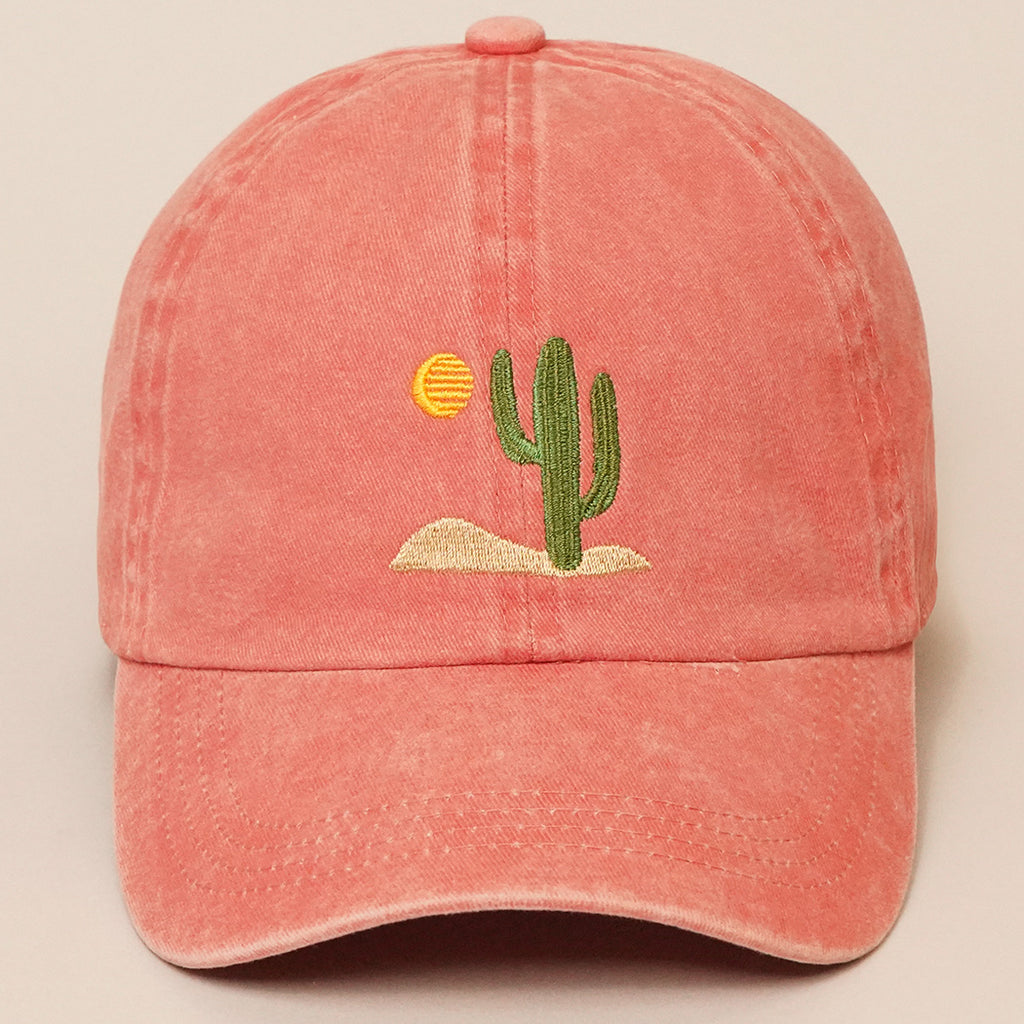 Embroidered Cotton Baseball Cap - Burnt Orange Cactus