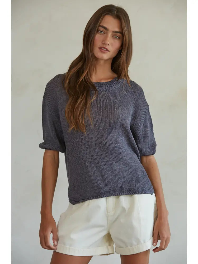 Leona Crew Neck Knit Top - Charcoal