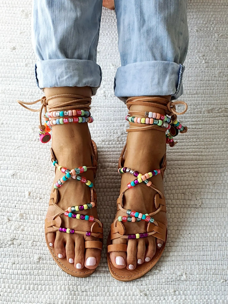 “Mykonos” Rainbow Beaded Leather Tie Up Sandals